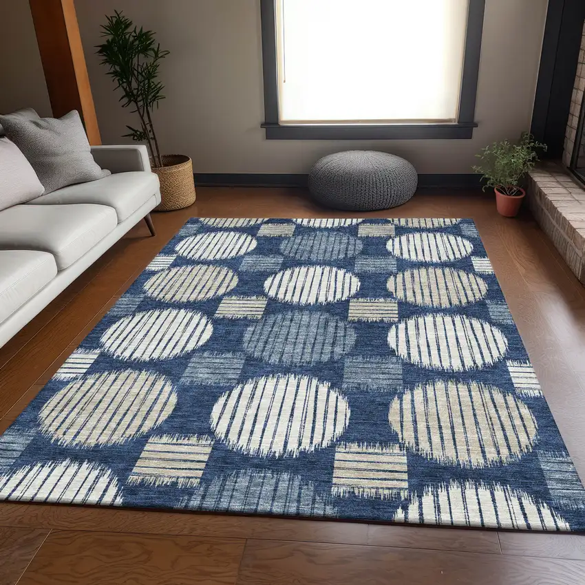 Navy Blue Ivory And Beige Geometric Washable Area Rug With UV Protection Photo 6