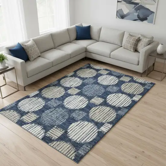 Navy Blue Ivory And Beige Geometric Washable Area Rug With UV Protection Photo 2