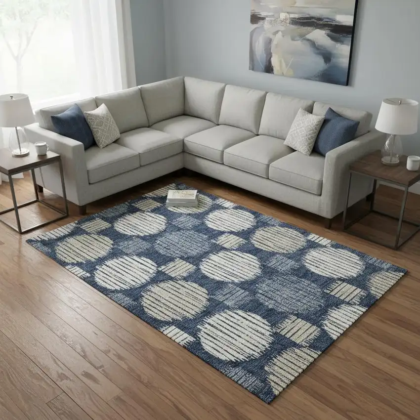 Navy Blue Ivory And Beige Geometric Washable Area Rug With UV Protection Photo 2