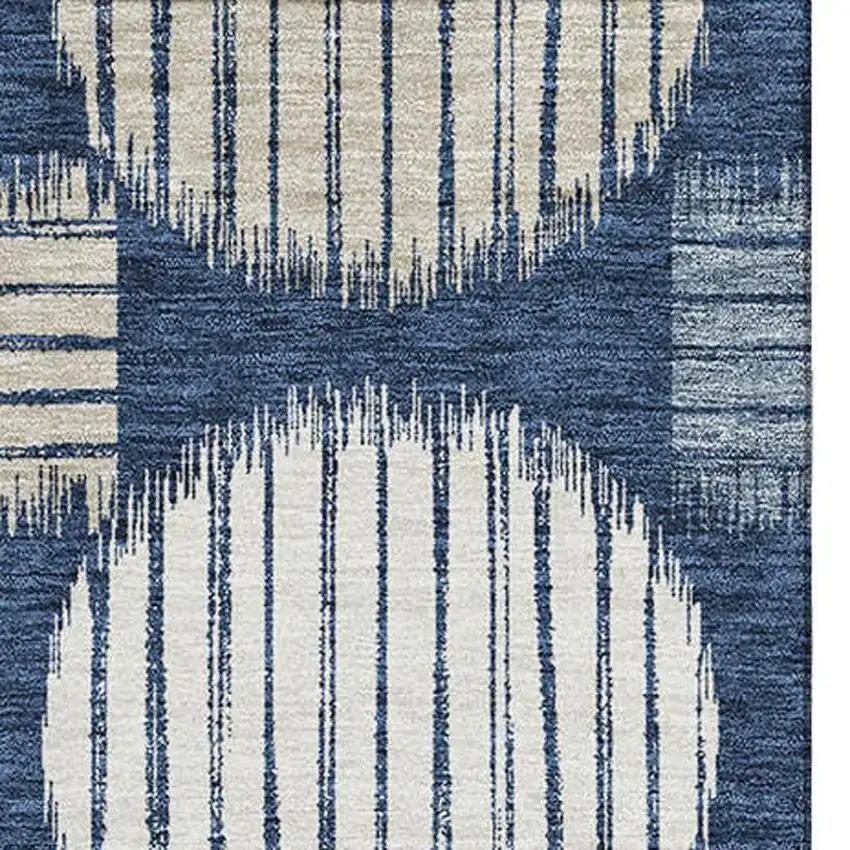 Navy Blue Ivory And Beige Geometric Washable Area Rug With UV Protection Photo 4