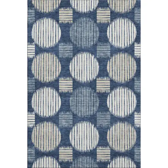 Navy Blue Ivory And Beige Geometric Washable Area Rug With UV Protection Photo 1