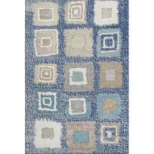 Photo of Navy Blue Ivory And Beige Geometric Washable Area Rug With UV Protection