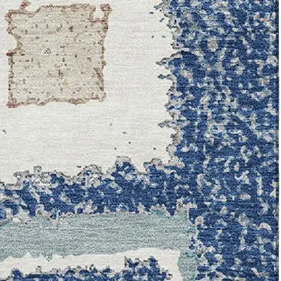 Navy Blue Ivory And Beige Geometric Washable Area Rug With UV Protection Photo 3