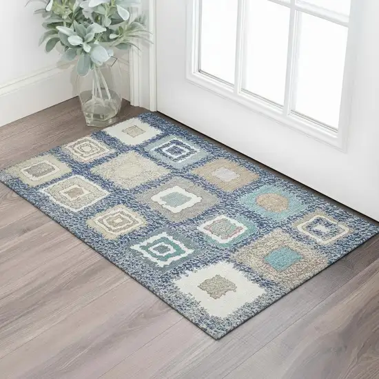 Navy Blue Ivory And Beige Geometric Washable Area Rug With UV Protection Photo 2