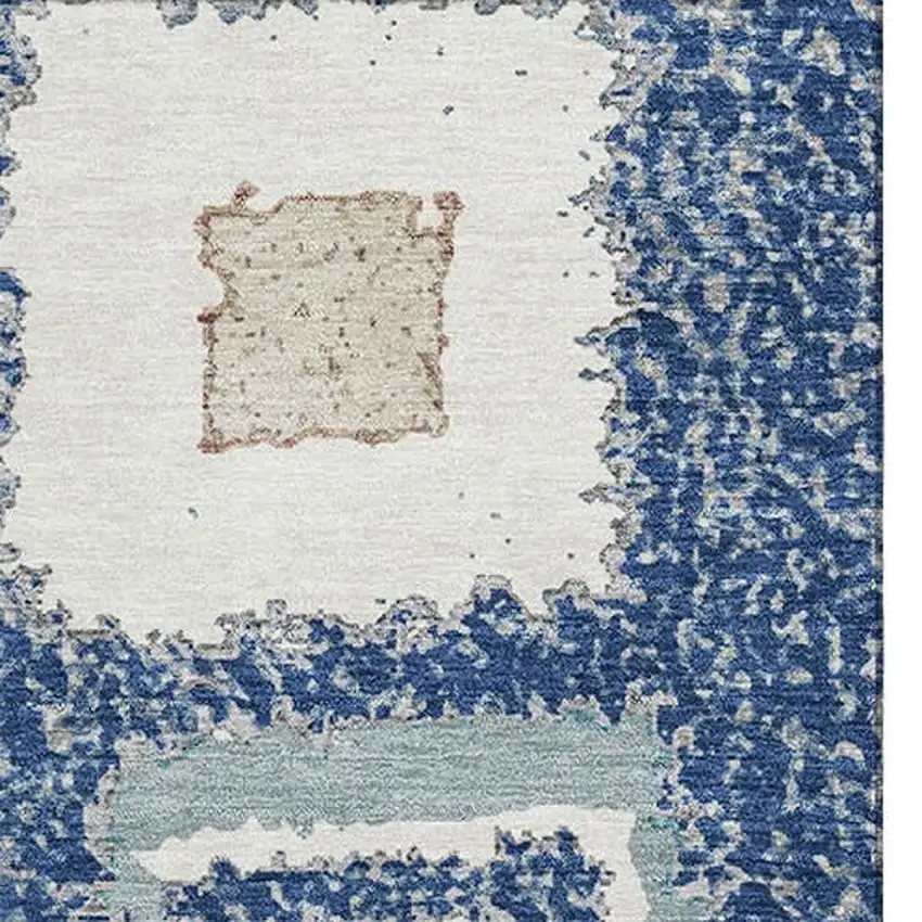 Navy Blue Ivory And Beige Geometric Washable Area Rug With UV Protection Photo 4