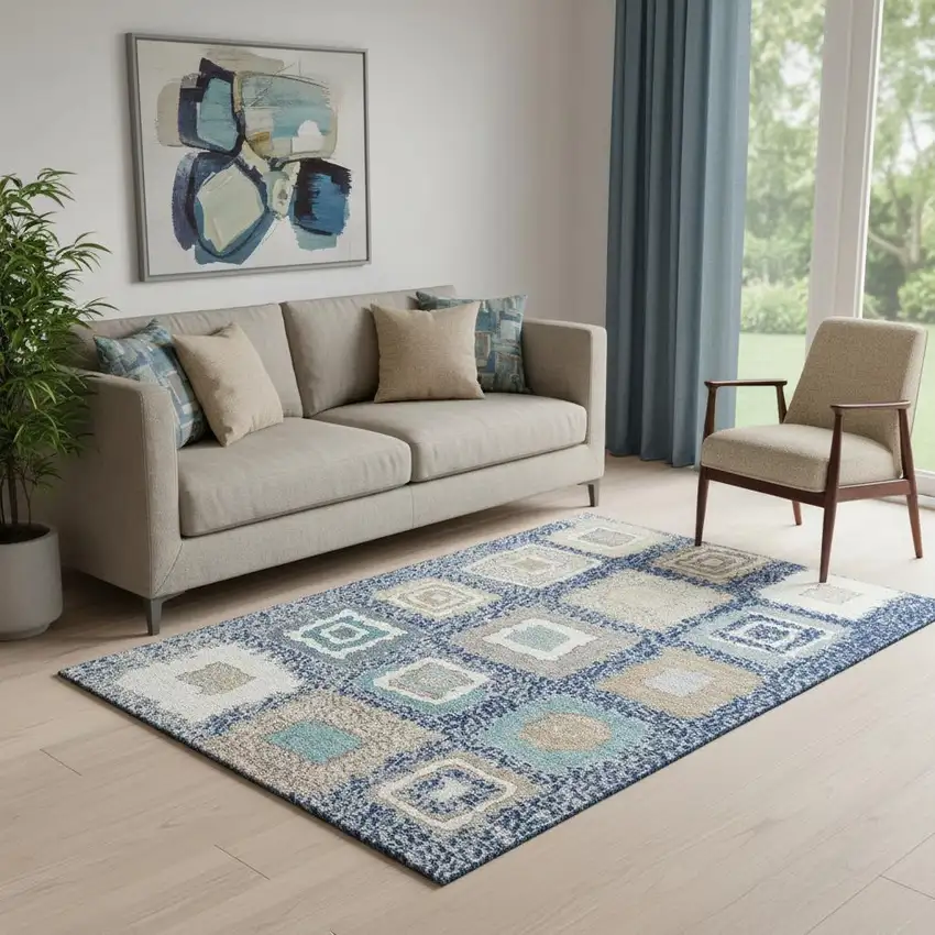 Navy Blue Ivory And Beige Geometric Washable Area Rug With UV Protection Photo 2