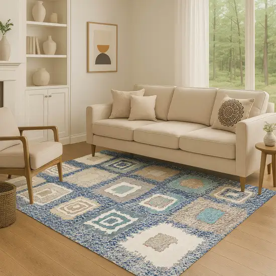 Navy Blue Ivory And Beige Geometric Washable Area Rug With UV Protection Photo 5