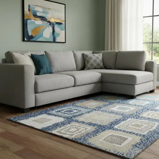 Navy Blue Ivory And Beige Geometric Washable Area Rug With UV Protection Photo 2