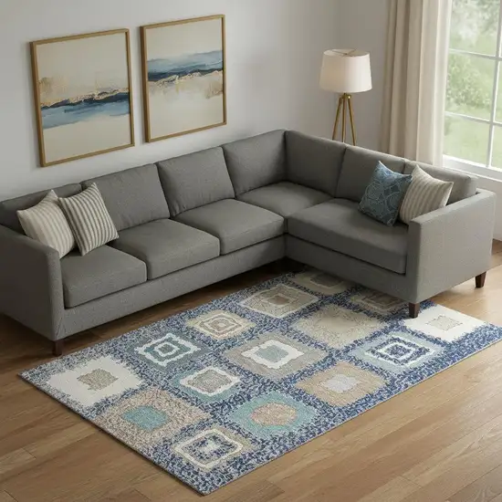 Navy Blue Ivory And Beige Geometric Washable Area Rug With UV Protection Photo 2