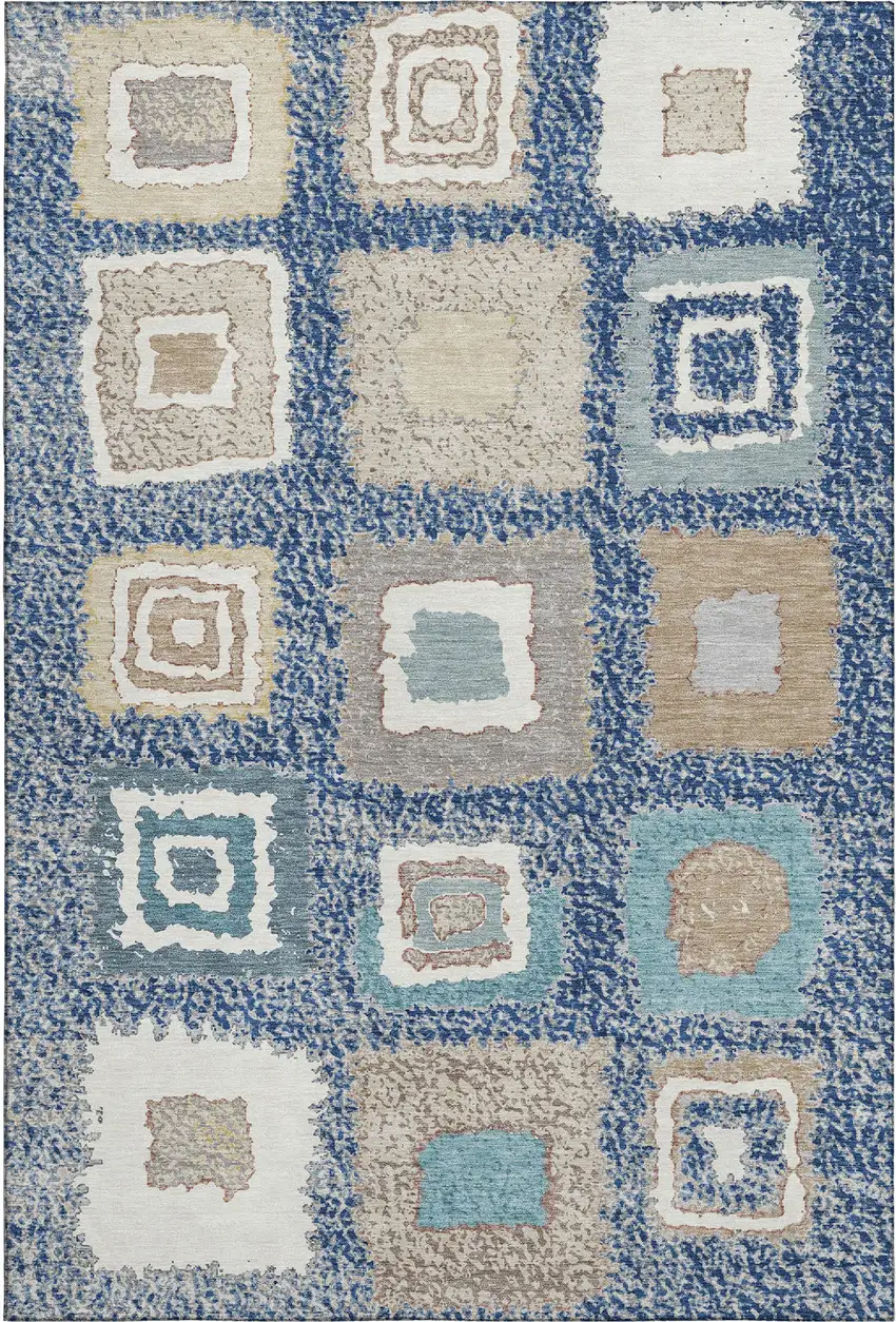 Navy Blue Ivory And Beige Geometric Washable Area Rug With UV Protection Photo 1