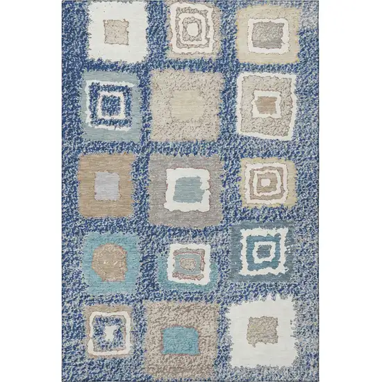 Navy Blue Ivory And Beige Geometric Washable Area Rug With UV Protection Photo 3