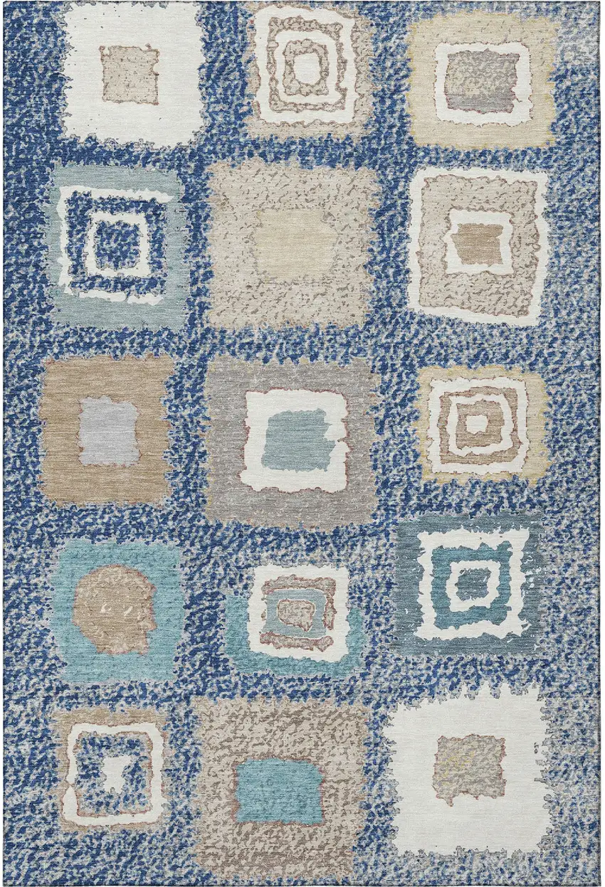 Navy Blue Ivory And Beige Geometric Washable Area Rug With UV Protection Photo 3