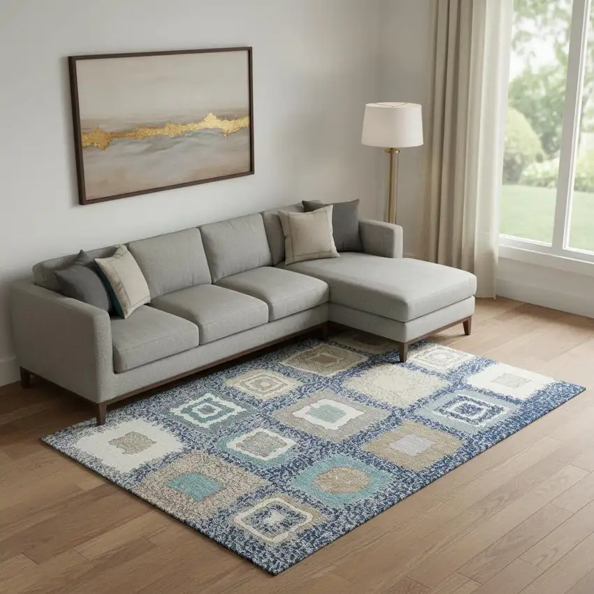 Navy Blue Ivory And Beige Geometric Washable Area Rug With UV Protection Photo 2