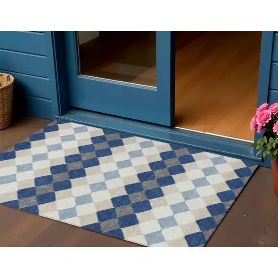 Navy Blue Ivory And Beige Geometric Washable Indoor Outdoor Area Rug Photo 1