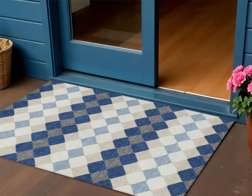 Navy Blue Ivory And Beige Geometric Washable Indoor Outdoor Area Rug Photo 1