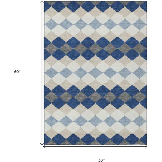 Navy Blue Ivory And Beige Geometric Washable Indoor Outdoor Area Rug Photo 3