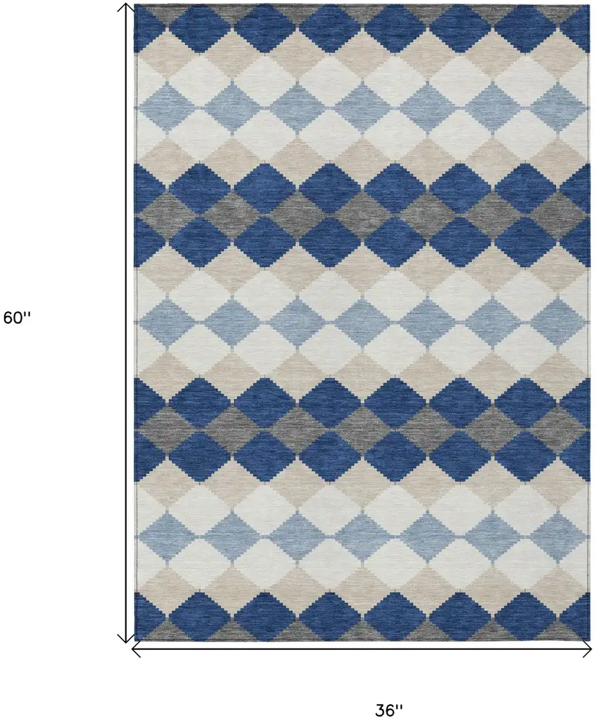 Navy Blue Ivory And Beige Geometric Washable Indoor Outdoor Area Rug Photo 3