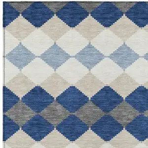 Photo of Navy Blue Ivory And Beige Geometric Washable Indoor Outdoor Area Rug