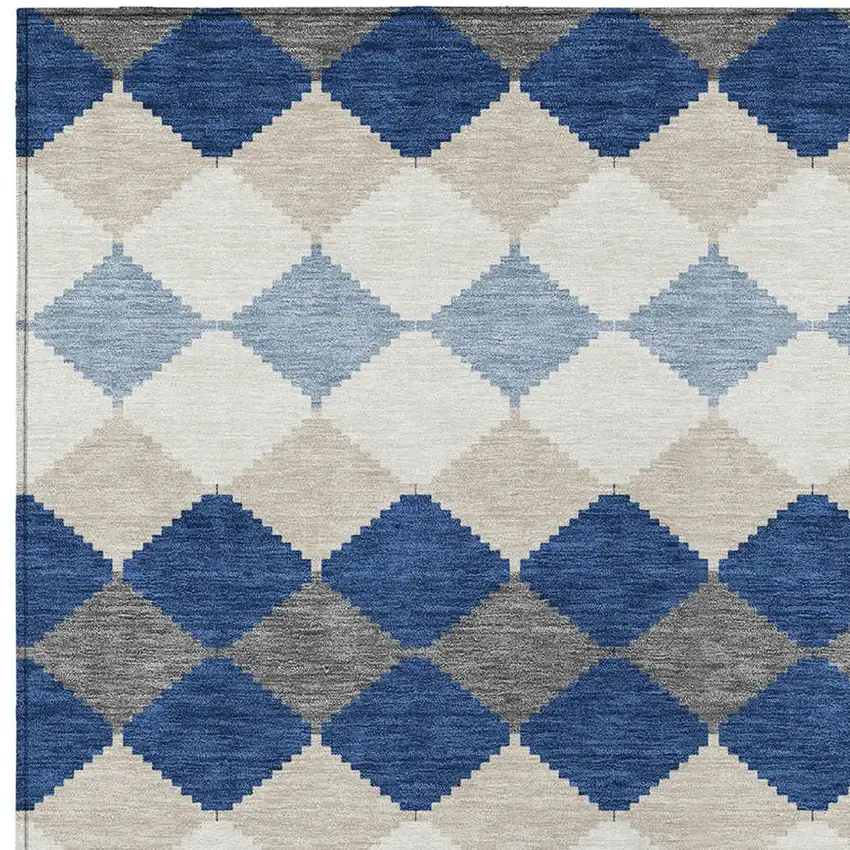 Navy Blue Ivory And Beige Geometric Washable Indoor Outdoor Area Rug Photo 6