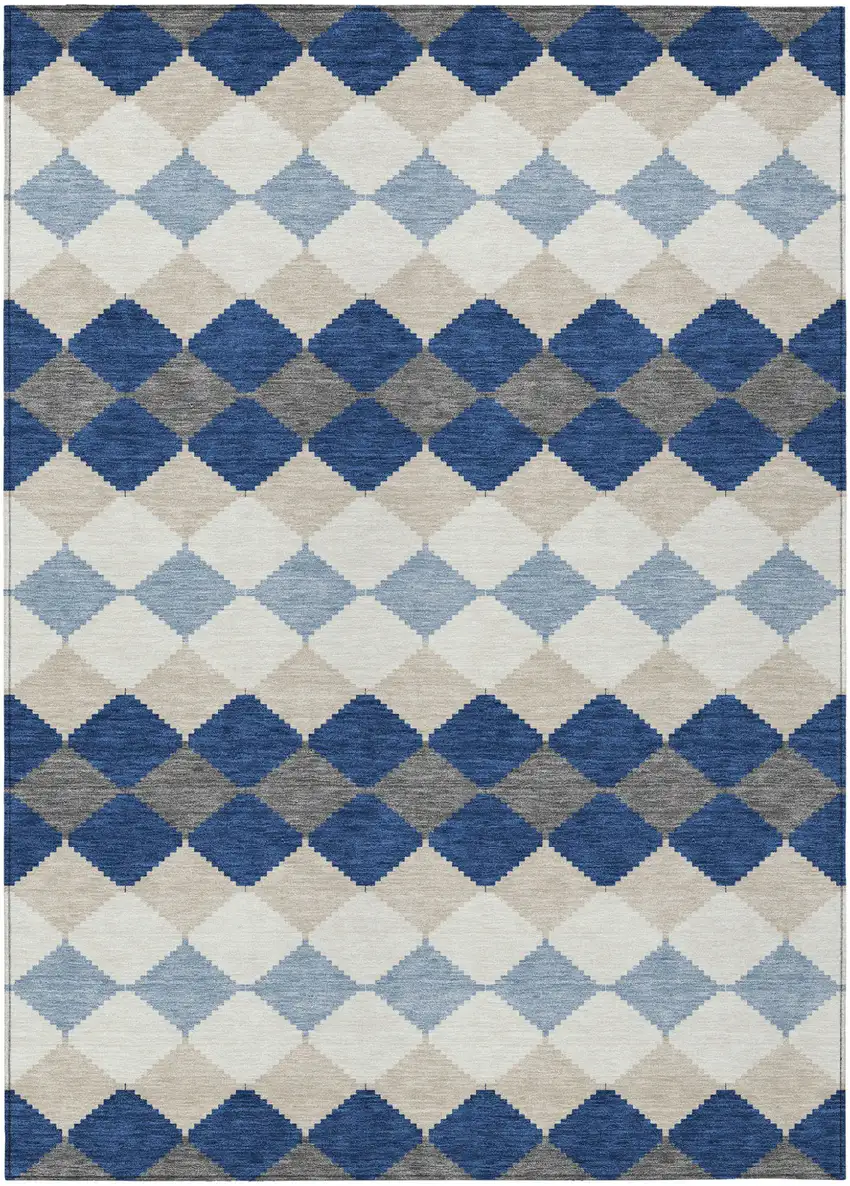 Navy Blue Ivory And Beige Geometric Washable Indoor Outdoor Area Rug Photo 2