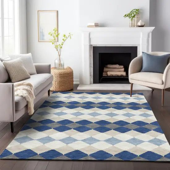 Navy Blue Ivory And Beige Geometric Washable Indoor Outdoor Area Rug Photo 9