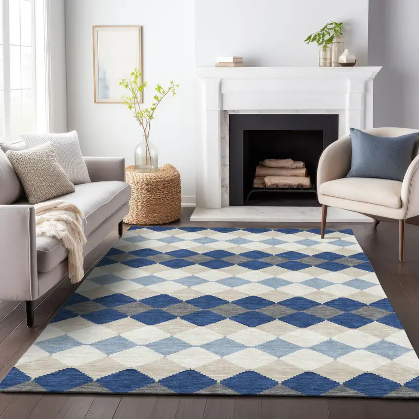 Navy Blue Ivory And Beige Geometric Washable Indoor Outdoor Area Rug Photo 9