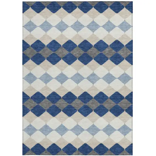 Navy Blue Ivory And Beige Geometric Washable Indoor Outdoor Area Rug Photo 7