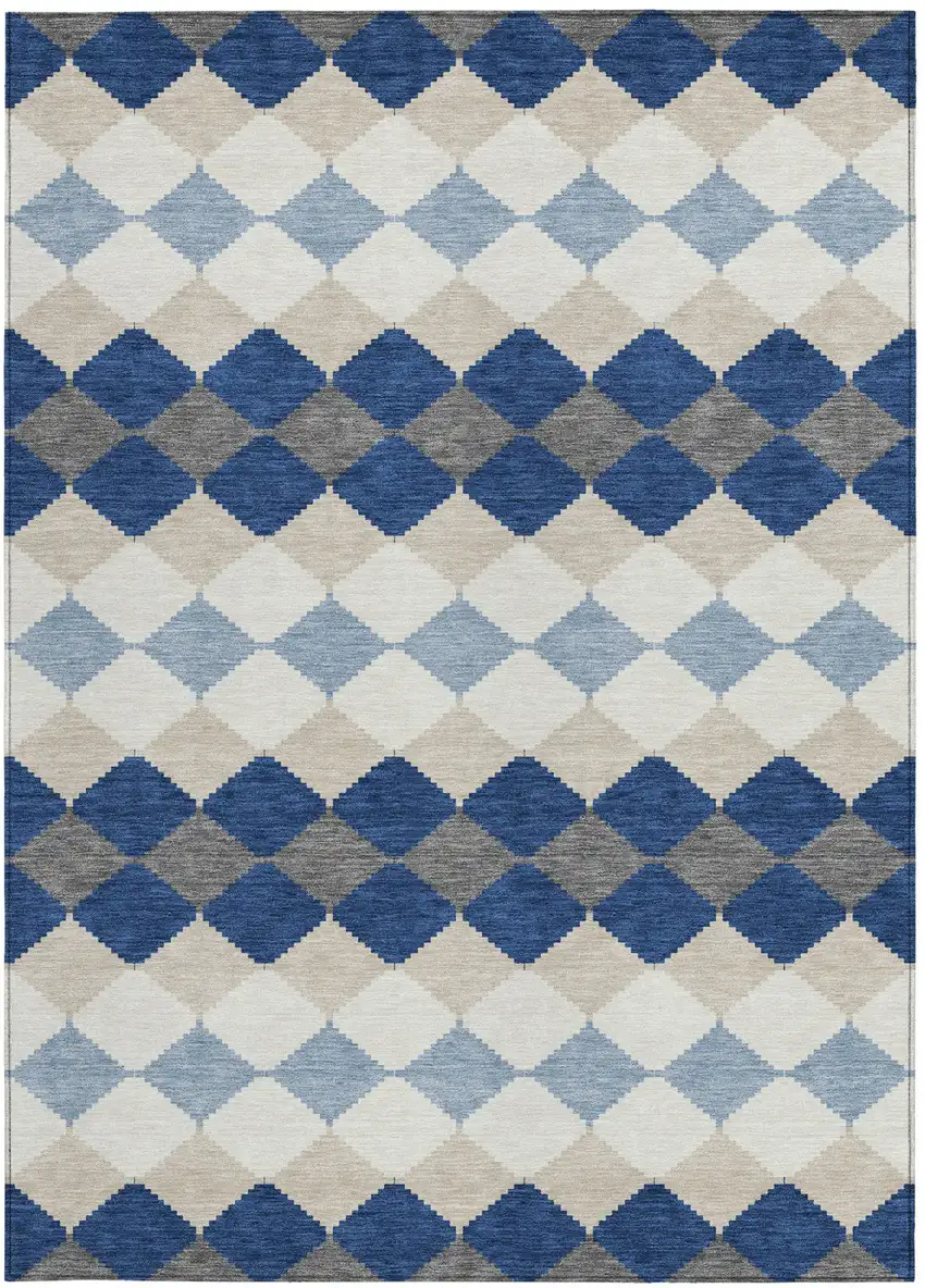 Navy Blue Ivory And Beige Geometric Washable Indoor Outdoor Area Rug Photo 7