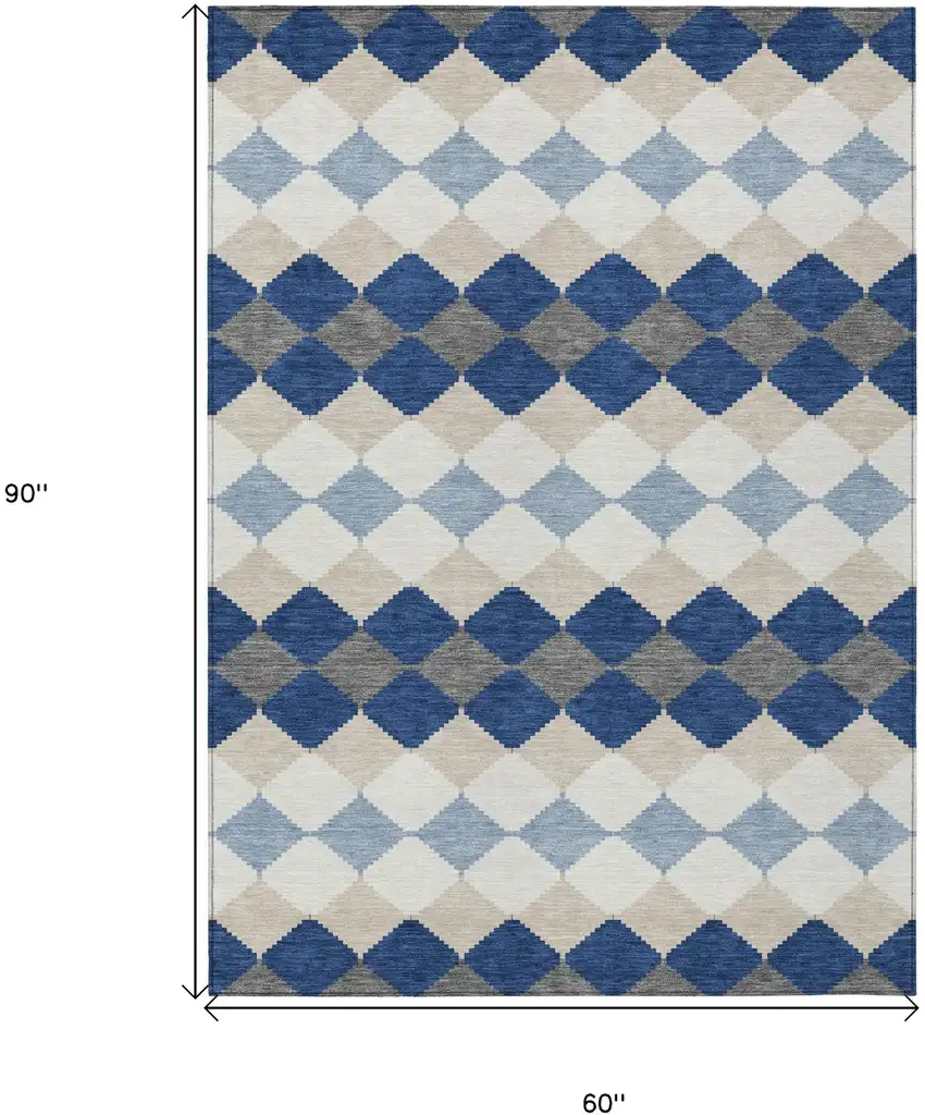 Navy Blue Ivory And Beige Geometric Washable Indoor Outdoor Area Rug Photo 3