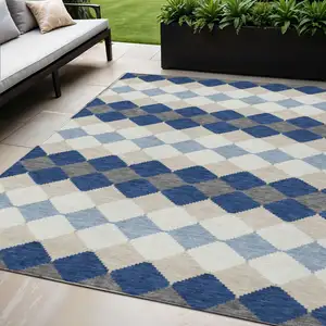 Photo of Navy Blue Ivory And Beige Geometric Washable Indoor Outdoor Area Rug