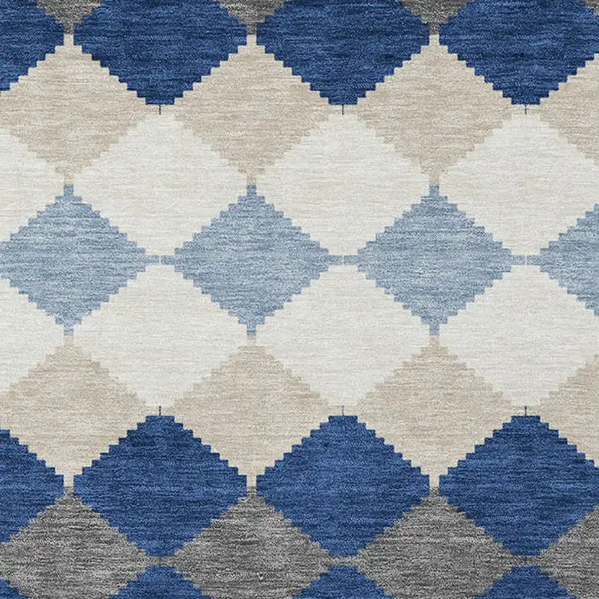 Navy Blue Ivory And Beige Geometric Washable Indoor Outdoor Area Rug Photo 6