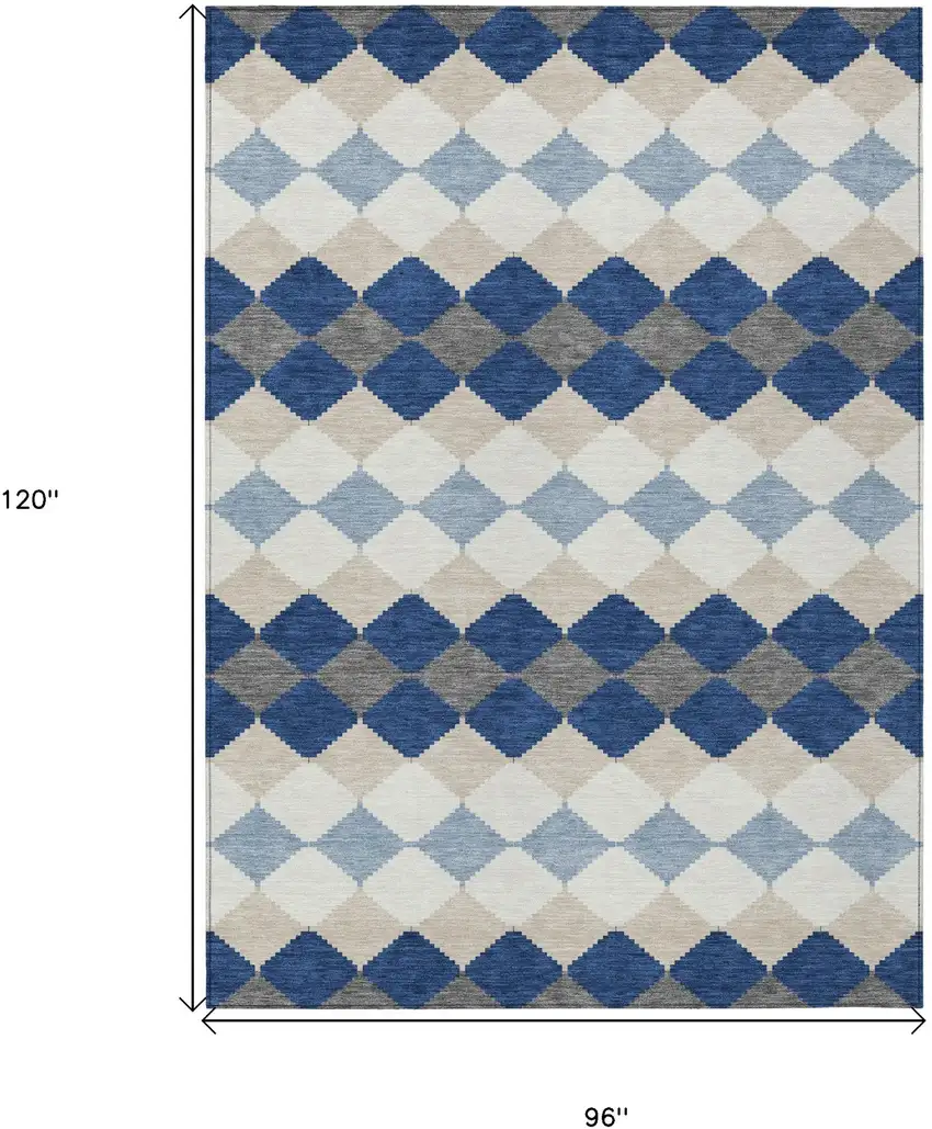 Navy Blue Ivory And Beige Geometric Washable Indoor Outdoor Area Rug Photo 3
