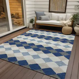 Photo of Navy Blue Ivory And Beige Geometric Washable Indoor Outdoor Area Rug