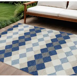 Photo of Navy Blue Ivory And Beige Geometric Washable Indoor Outdoor Area Rug
