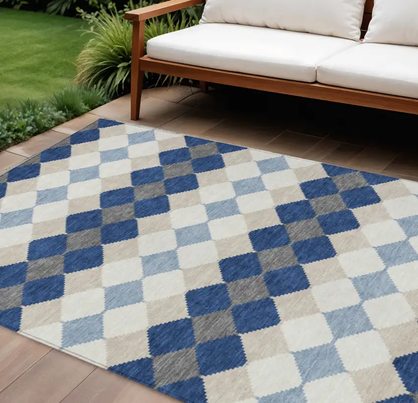 Navy Blue Ivory And Beige Geometric Washable Indoor Outdoor Area Rug Photo 1