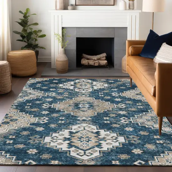 Navy Blue Ivory And Beige Medallion Washable Area Rug With UV Protection Photo 6