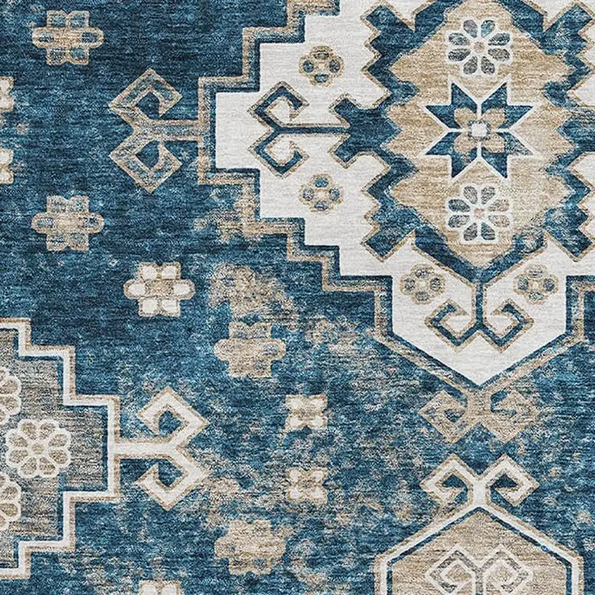 Navy Blue Ivory And Beige Medallion Washable Area Rug With UV Protection Photo 3