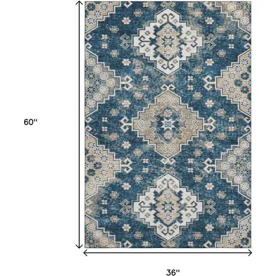 Navy Blue Ivory And Beige Medallion Washable Area Rug With UV Protection Photo 3