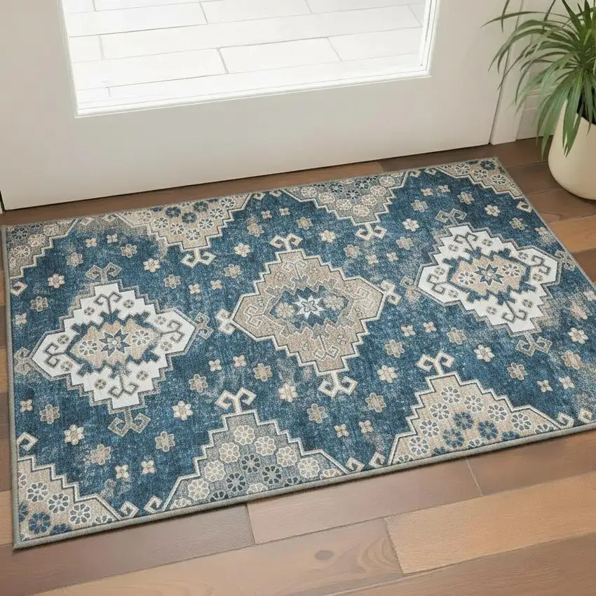 Navy Blue Ivory And Beige Medallion Washable Area Rug With UV Protection Photo 2