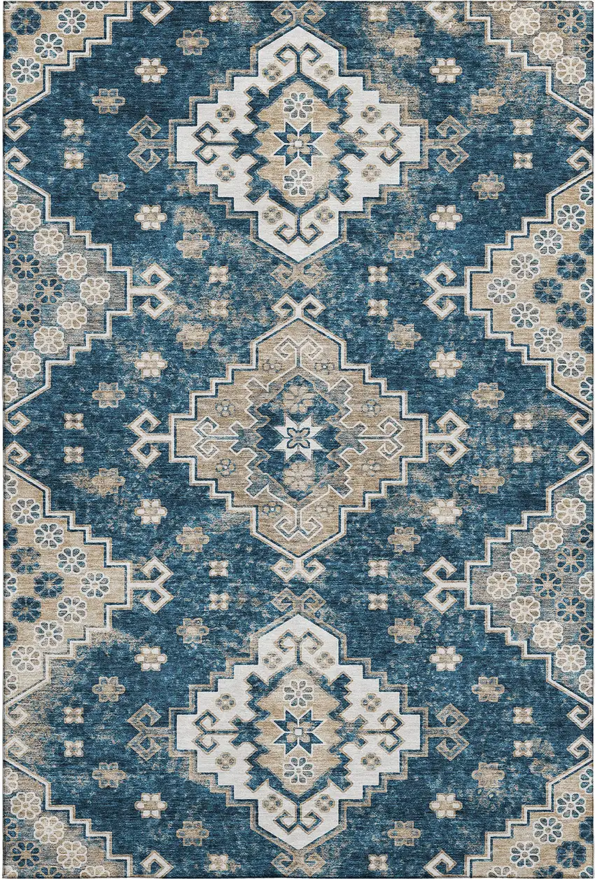 Navy Blue Ivory And Beige Medallion Washable Area Rug With UV Protection Photo 1