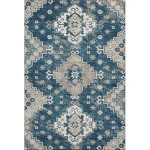 Photo of Navy Blue Ivory And Beige Medallion Washable Area Rug With UV Protection