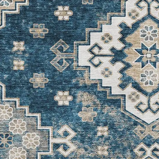 Navy Blue Ivory And Beige Medallion Washable Area Rug With UV Protection Photo 3