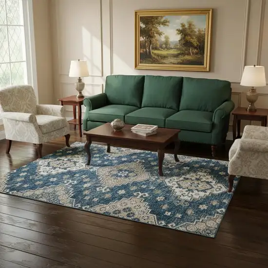 Navy Blue Ivory And Beige Medallion Washable Area Rug With UV Protection Photo 2