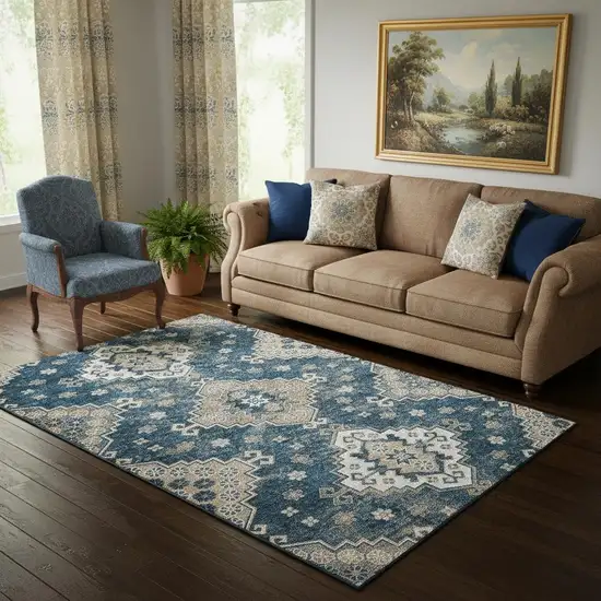 Navy Blue Ivory And Beige Medallion Washable Area Rug With UV Protection Photo 1