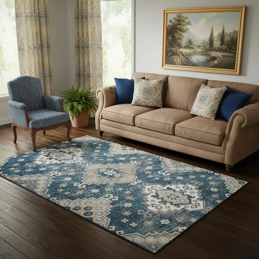 Navy Blue Ivory And Beige Medallion Washable Area Rug With UV Protection Photo 1