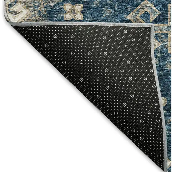 Navy Blue Ivory And Beige Medallion Washable Area Rug With UV Protection Photo 7