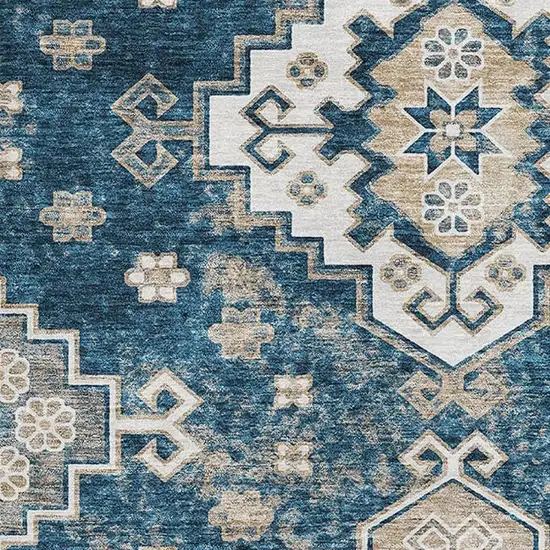 Navy Blue Ivory And Beige Medallion Washable Area Rug With UV Protection Photo 3