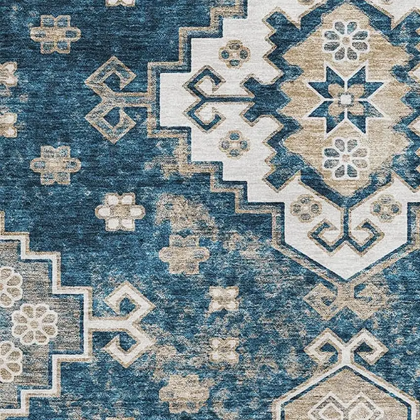 Navy Blue Ivory And Beige Medallion Washable Area Rug With UV Protection Photo 3