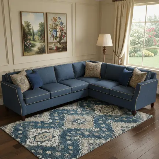 Navy Blue Ivory And Beige Medallion Washable Area Rug With UV Protection Photo 1