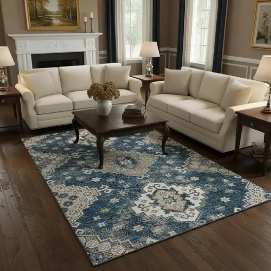 Navy Blue Ivory And Beige Medallion Washable Area Rug With UV Protection Photo 2